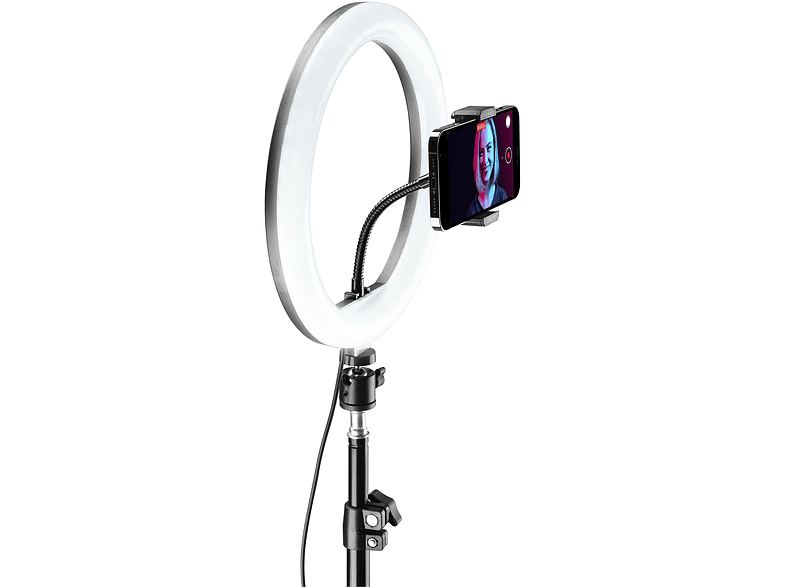 Aro de luz + soporte - Cellular Line Selfie Ring Pro, Bluetooth, LED multicolor, RGB, 360°, Negro