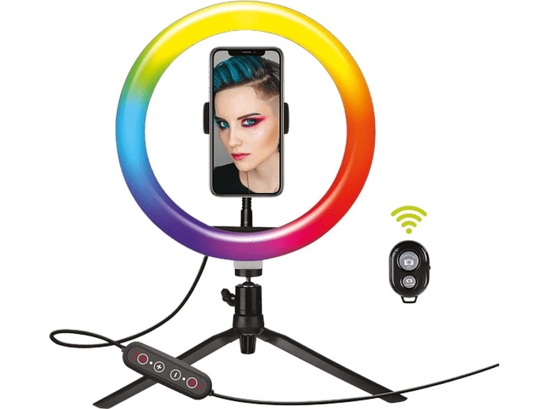 Aro de luz + soporte - Muvit MUCHL0078, Trípode, Universal, 26 colores, Flexible, Negro