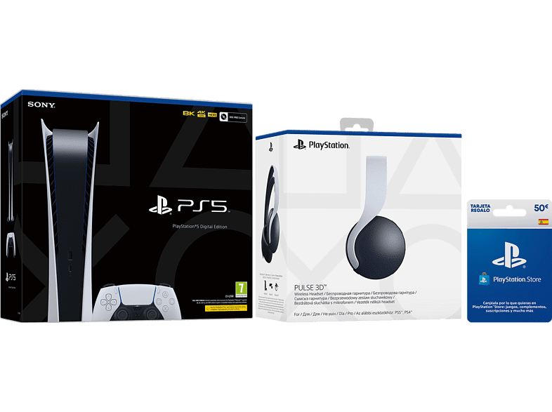 Consola - Sony PS5 Digital C, 825GB, 4K, Blanco + Auriculares gaming Pulse 3D + Tarjeta 50€ PS Store