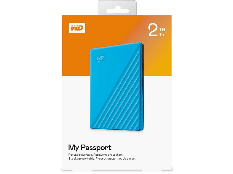 Disco duro portátil 2 TB - WD My Passport, Azul, USB 3.2, seguridad mediante contraseña