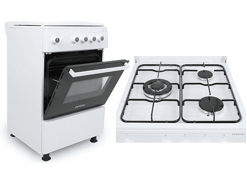 Cocina - Infiniton CC53GBL, 3 zonas, Horno 52 l, Gas butano (+Adaptador a gas natural), A, Blanco