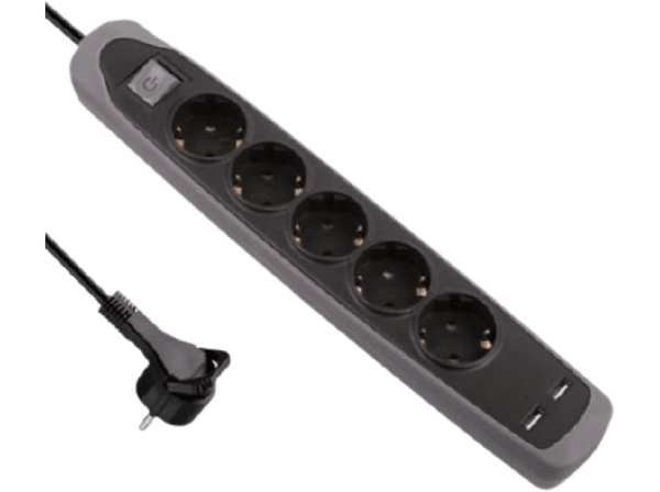 Regleta - Electraline 62156 5T+2Usb, Plana, Cable de 2 m, Negro