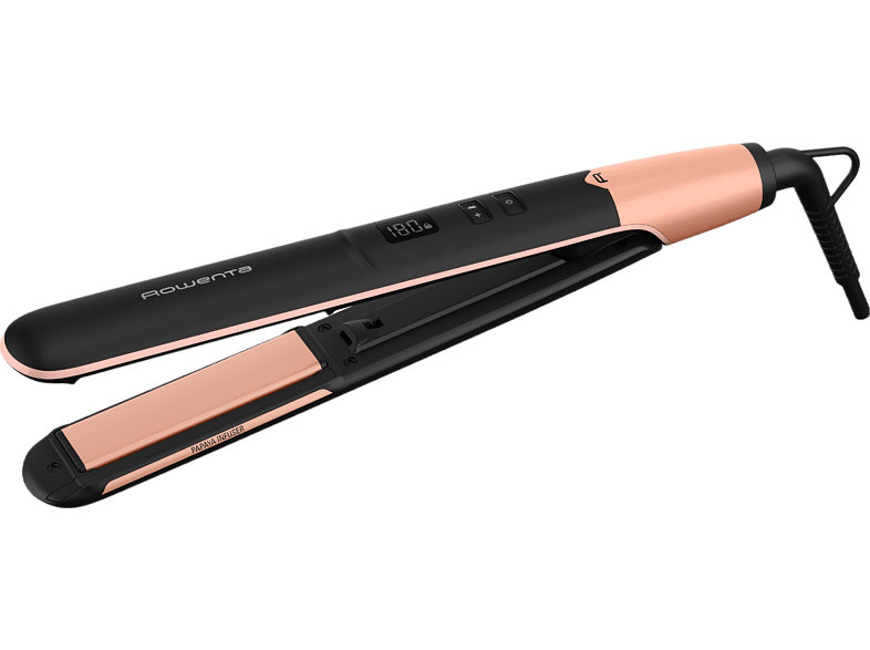 Plancha de pelo - Rowenta SF4620F0 Express Shine, Revestimiento de Papaya, Placas de cerámica, 8 temp., Hasta 210 °C, Liss & Curl, Negro y albaricoque