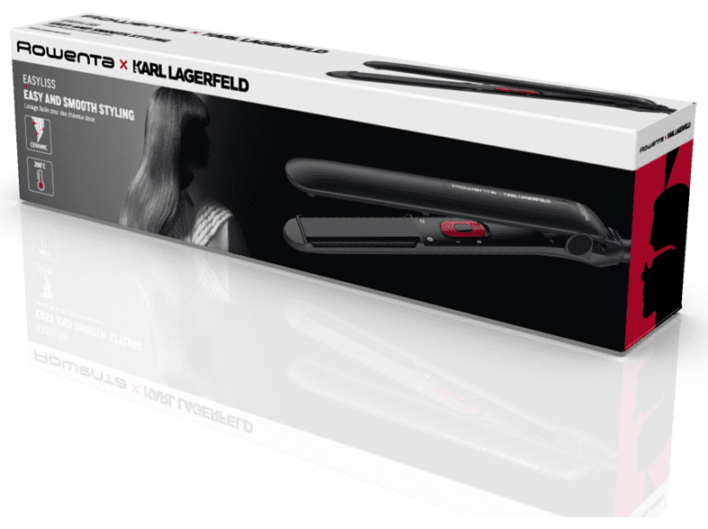 Plancha de pelo - Rowenta x Karl Lagerfeld Easyliss SF161LF0, 240 V, Revestimiento cerámico con turmalina, Monotemperatura 200 °C,  Negro y rojo