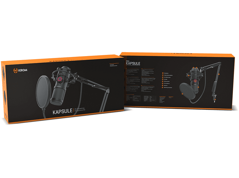 Micrófono - Krom Kapsule, USB, Jack 3.5mm, Filtro antipop, Antishock, Articulable, Negro