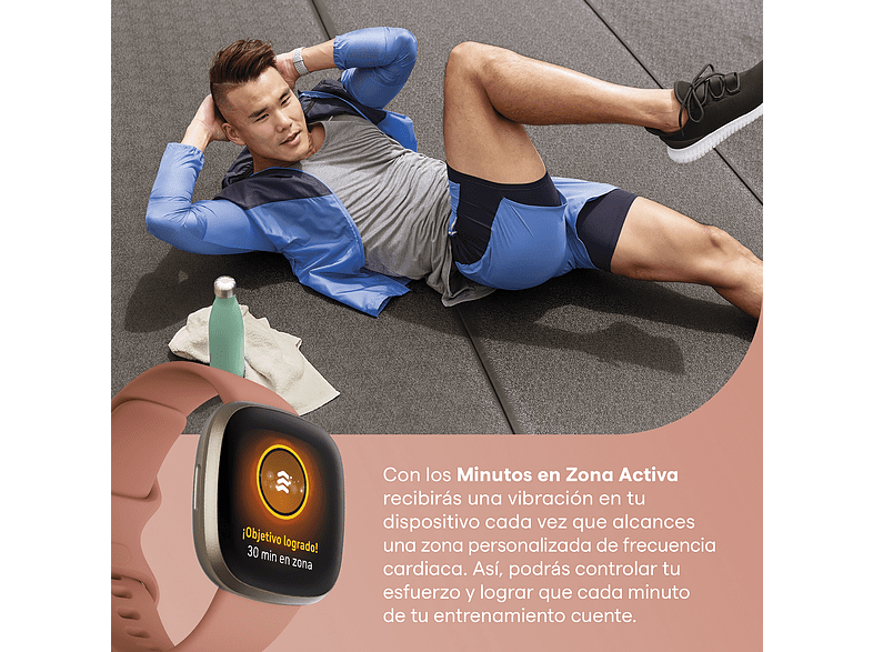 Smartwatch - Fitbit Versa 3, Rosa, Funciones de salud avanzadas, GPS, Frecuencia cardiaca, + 6 días batería