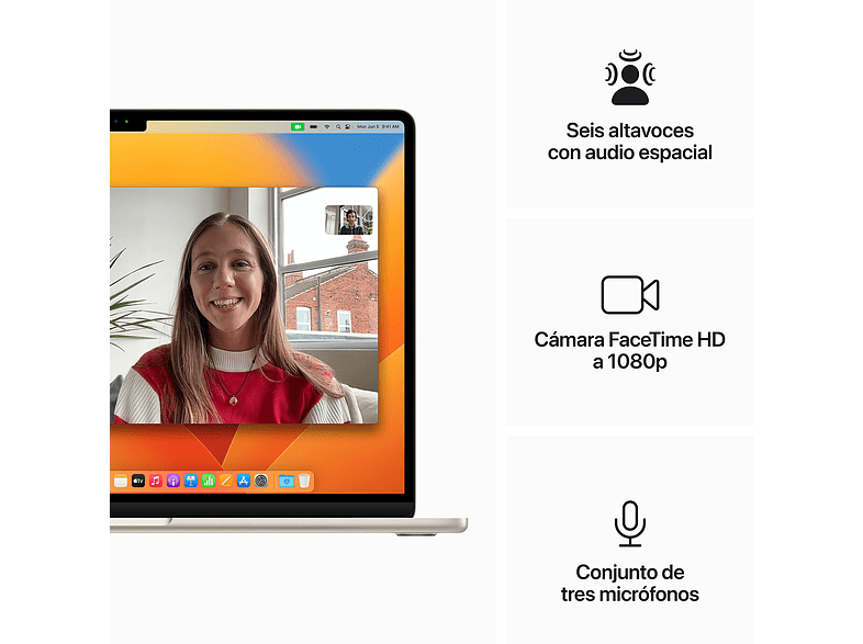 APPLE MacBook Air (2023), 15.3 Retina, Chip M2 de Apple, 8 GB, 256 GB SSD, MacOS, Teclado Magic Keyboard Touch ID, Blanco estrella