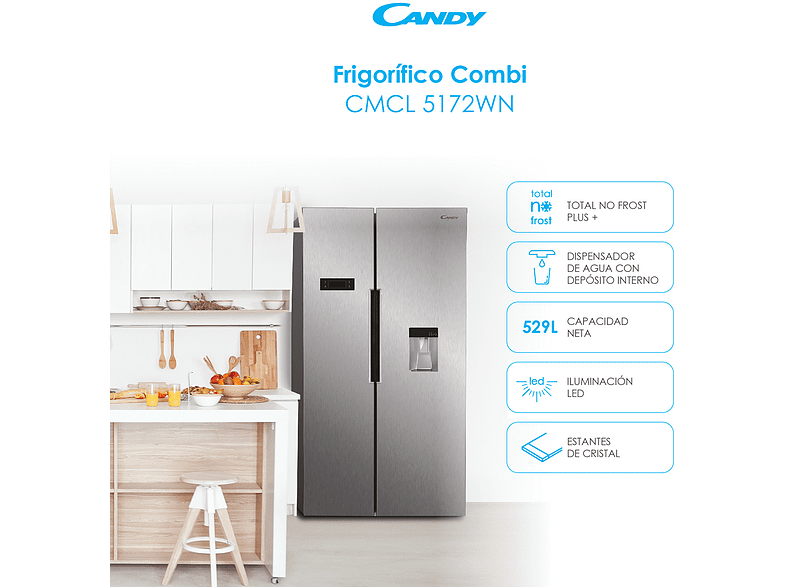 Frigorífico americano - Candy CHSBSO 6174XWD, 529l, Total No Frost, Motor Inverter, 177cm, Dispensador agua, Inox