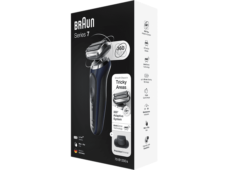 Afeitadora - Braun, Series 7 70-B1200s, Eléctrica, Recortadora de precisión, Autonomía 50 min, Azul
