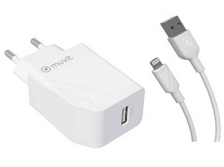 Cargador - Muvit MCPAK0001, USB-A, Lightning, Carga rápida, 12W, 3A, Blanco