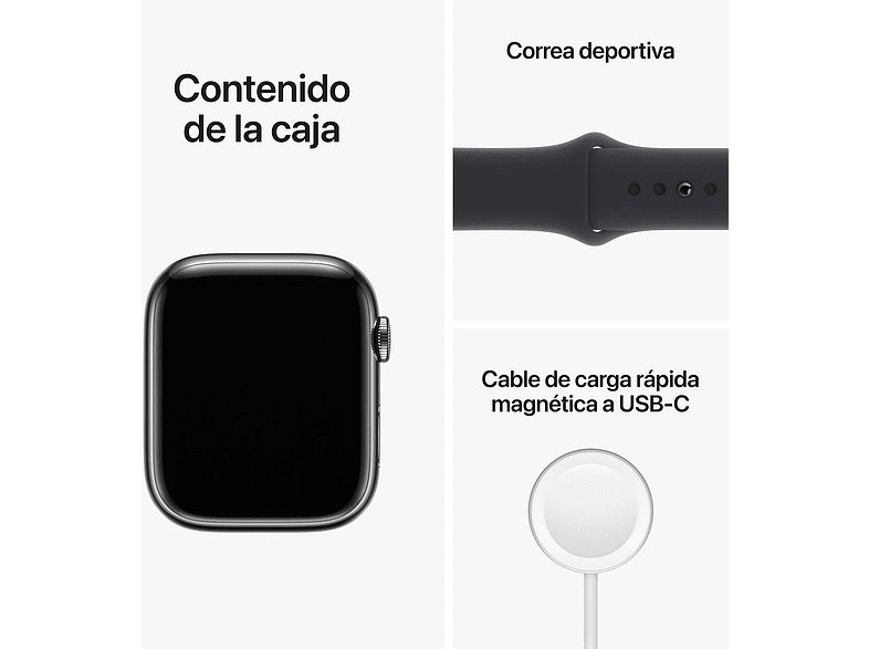 Apple Watch S8 (2022), GPS+CELL, 45 mm,  Caja de acero inoxidable, Vidrio delantero Ion-X, Correa deportiva graphito
