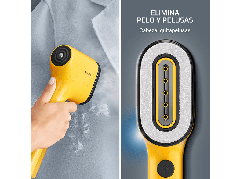 Cepillo de vapor - Rowenta Pure Pop DR2026D1, 1300 W, Salida vapor 20 g/min, 70 ml, Calentamiento 15 s., Elimina pelusas, arrugas y purifica, Amarillo