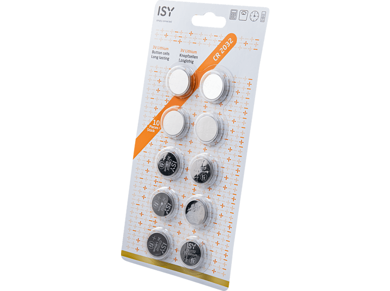 Pilas botón- ISY IBA-3032, Pack 10 pilas de botón, Litio alcalino, Plata
