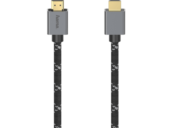 Cable HDMI - Hama 00200504, 2 m, 48 Gbit/s, Trenzado, Transmisión UHD 8K, Enchufes chapados en oro, Gris