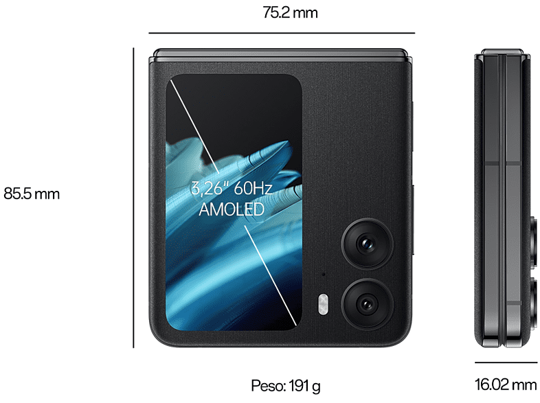 Móvil - OPPO Find N2 Flip, Astral Black, 256GB, 8GB RAM, 6.8 FHD+, Plegable, Cámara 50+8MP, 4300mAh, Dual Nano SIM