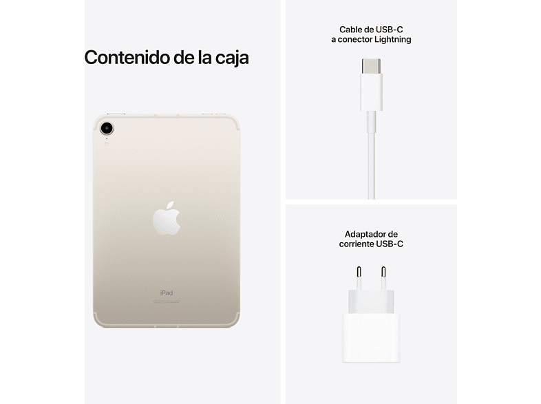 Apple iPad mini (6ª gen.), 256 GB, Blanco estrella, Wi-Fi + Cellular, 8.3 , Retina, Chip A15 Bionic, iPadOS
