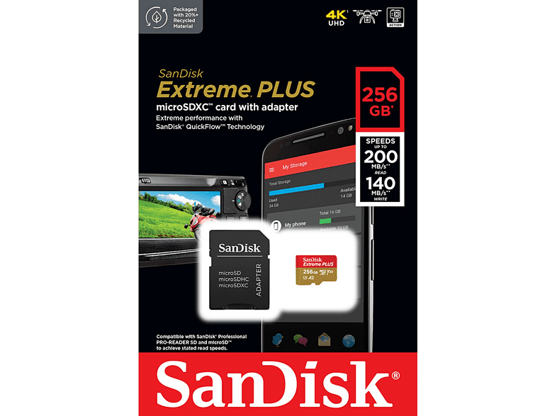 Tarjeta Micro SDXC - SanDisk Extreme PLUS, 256 GB, Lectura hasta 200 MB/s, UHS-I, U3, C10, A2, V30, Multicolor
