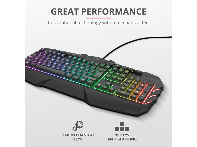 Teclado gaming - Trust GXT 881 ODYSS, USB, Iluminación LED, Anti-ghosting, 12 teclas multimedia, Negro
