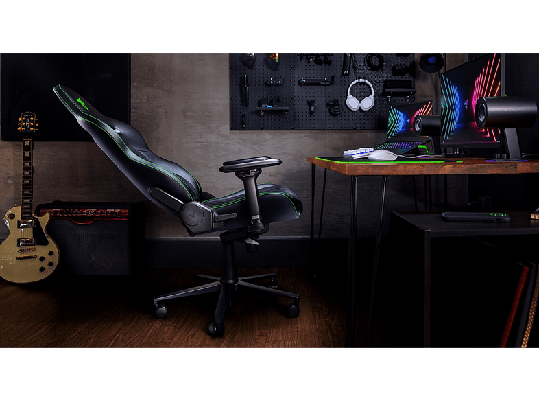 Silla gaming - Razer Enki X, Reposabrazos 2D, Carga máxima 136 kg, Cuero sintético, Arco lumbar, Negro/Verde