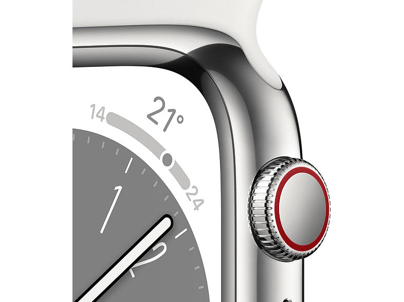 Apple Watch S8 (2022), GPS+CELL, 41 mm,  Caja de acero inoxidable, Vidrio delantero Ion-X, Correa deportiva plata