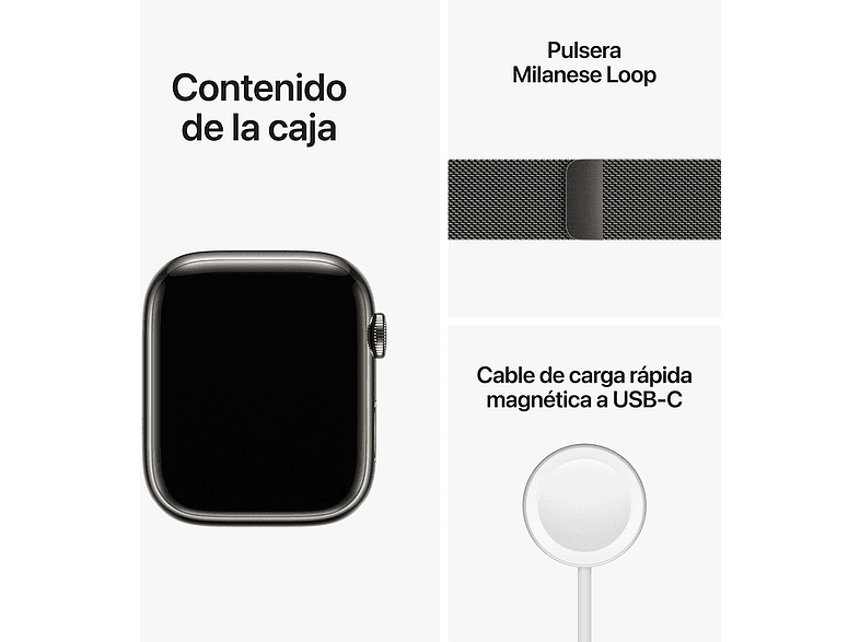 Apple Watch S8 (2022), GPS+CELL, 45 mm,  Caja de acero inoxidable, Vidrio delantero Ion-X, Correa Milanese loop graphito
