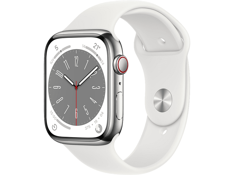 Apple Watch S8 (2022), GPS+CELL, 45 mm,  Caja de acero inoxidable, Vidrio delantero Ion-X, Correa deportiva plata