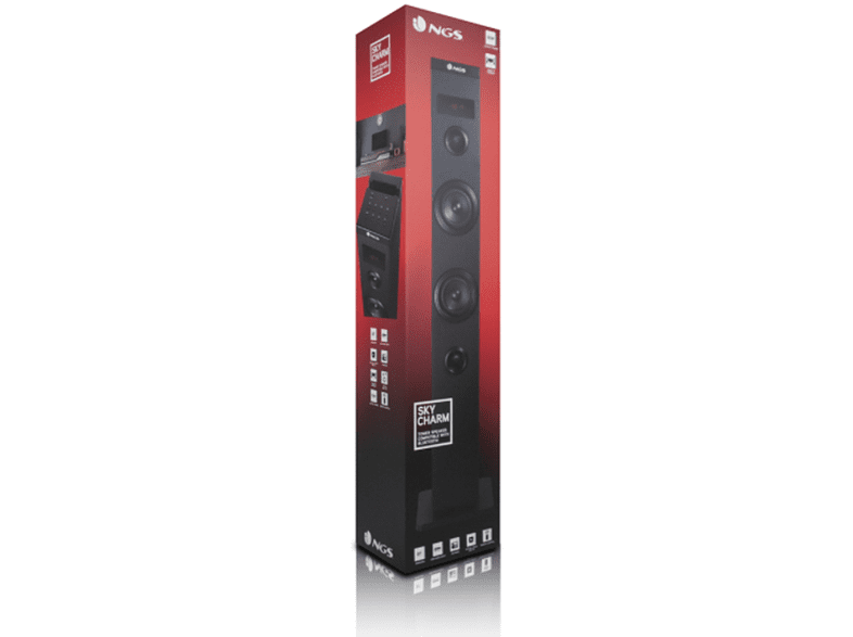 Torre de sonido - NGS Skycharm, 50 W, Bluetooth, USB, Aux input, Radio FM, Pantalla LED, Entrada óptica, Negro