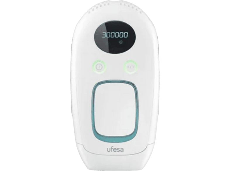 Depiladora IPL - Ufesa DL3000, Sensor de tono de piel, 300.000 Pulsaciones, 5 Niveles de intensidad, Pantalla LCD, Cara y cuerpo, Blanco/Torquesa