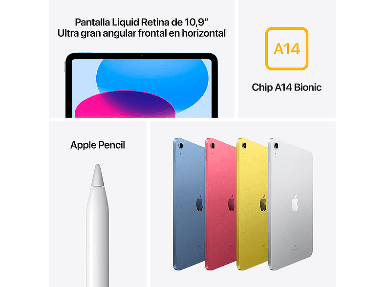 Apple iPad (2022 10ª gen), 64 GB, Plata, WiFi, 10.9, Retina, Chip A14 Bionic, iPadOS 16