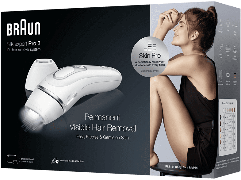 Depiladora IPL - Braun Silk Expert Pro 3 PL3121, Para Mujeres, 2 modos, Depilación permanente, Blanco