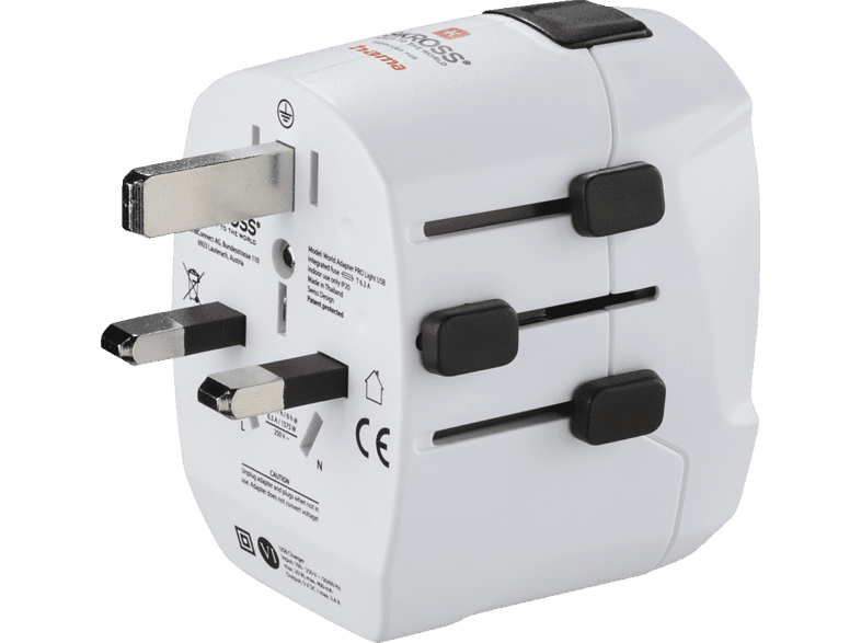 Adaptador enchufe - World to Europe Hama, 2 entradas USB, 250 V, Compatible con hasta 200 países, Blanco