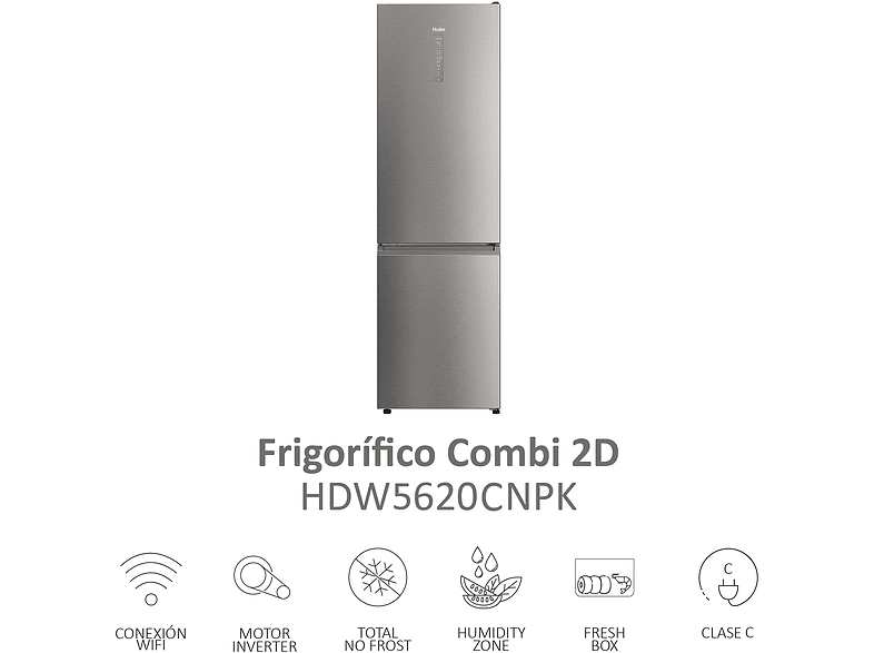 Frigorífico combi - Haier 2D HDW5620CNPK, 377 L, Total No Frost, 200cm, Motor Inverter, Wi-Fi, Botellero, Inox