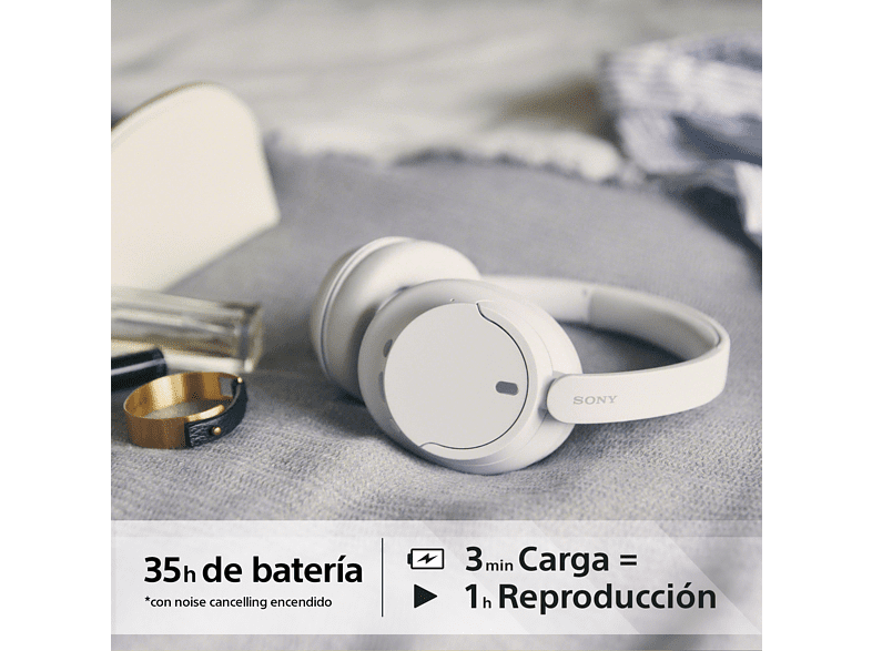 Auriculares inalámbricos - Sony WH-CH720N Bluetooth, Noise Cancelling ANC, Autonomía 35 horas, Carga rápida, Blanco