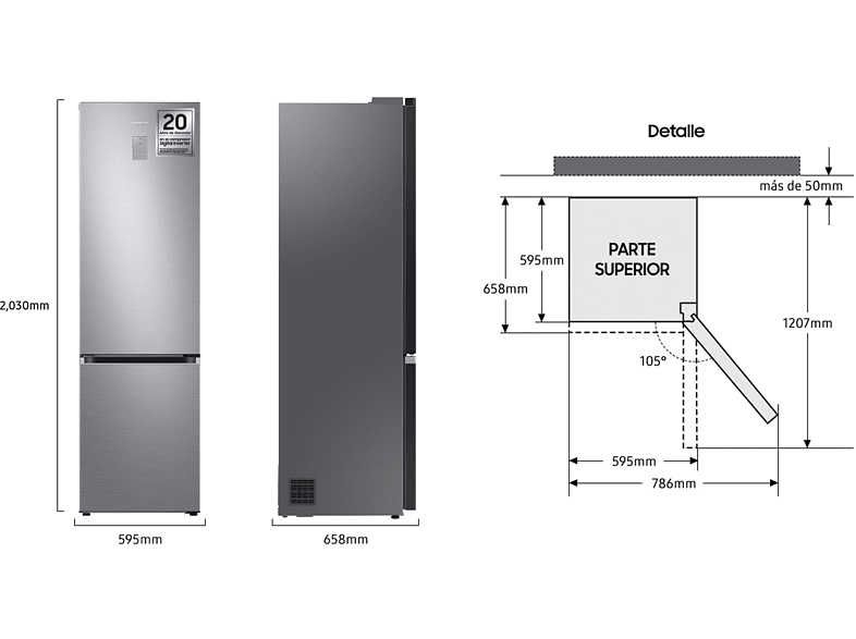 Frigorífico combi -  Samsung SMART AI RB38C776CS9/EF, All-Around Cooling, 200 cm, 390L, No Frost, Metal Cooling, WiFi, Inox