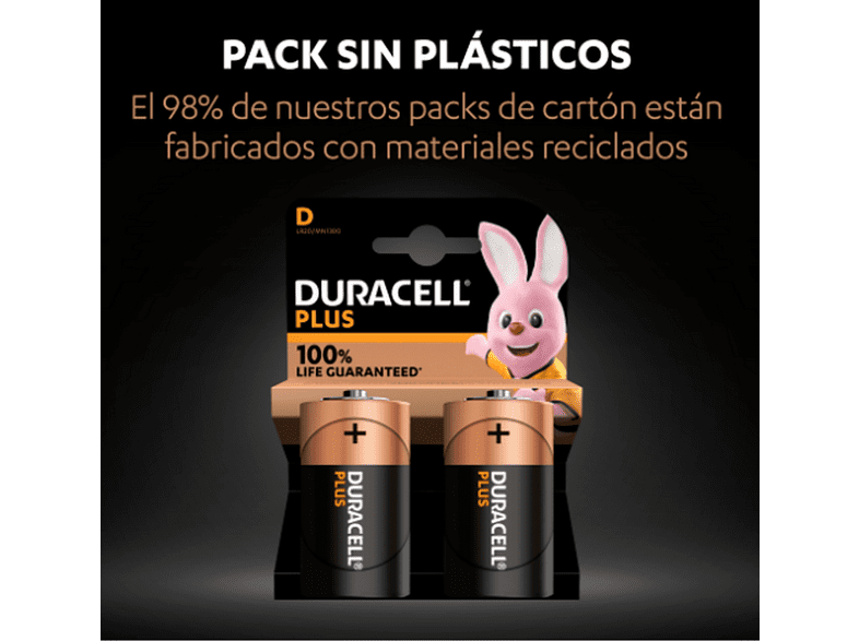 Pilas D - Duracell Plus D, 2 Unidades, 1.5 V LR20/ MN1300, Negro