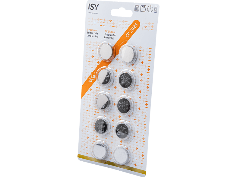 Pilas de botón- ISY IBA-3025, Pack 10 pilas de botón, Litio, Plata