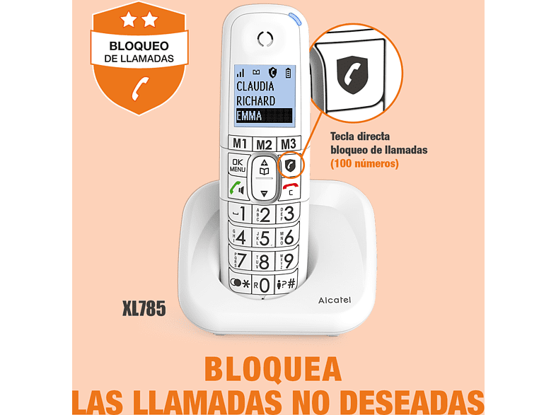Teléfono - Alcatel XL785 Single, Inalámbrico, Contestador, Bloqueo de llamadas, Agenda 100 contactos, Manos libres, Audio-Boost, Blanco