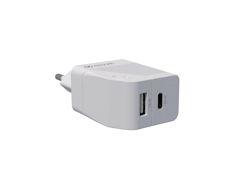 Cargador - muvit MCACC0013, USB-A, USB-C, 20W, Blanco