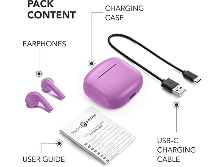 Auriculares True Wireless - Music Sound BTMSTWSSWAGUV, De cápsula, Bluetooth,  Autonomía de hasta 20 h, Violeta