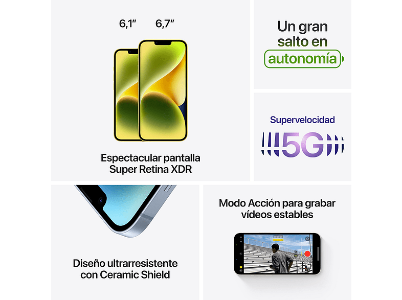 APPLE iPhone 14, Amarillo, 512 GB, 5G, 6.1 OLED Super Retina XDR, Chip A15 Bionic, iOS