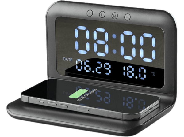 Cargador inalambrico - Cellular Line WIRELESSCLOCKK, Despertador, 15 W, Negro