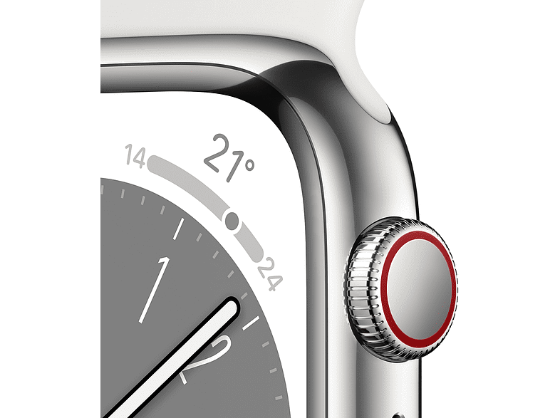 Apple Watch S8 (2022), GPS+CELL, 45 mm,  Caja de acero inoxidable, Vidrio delantero Ion-X, Correa deportiva plata
