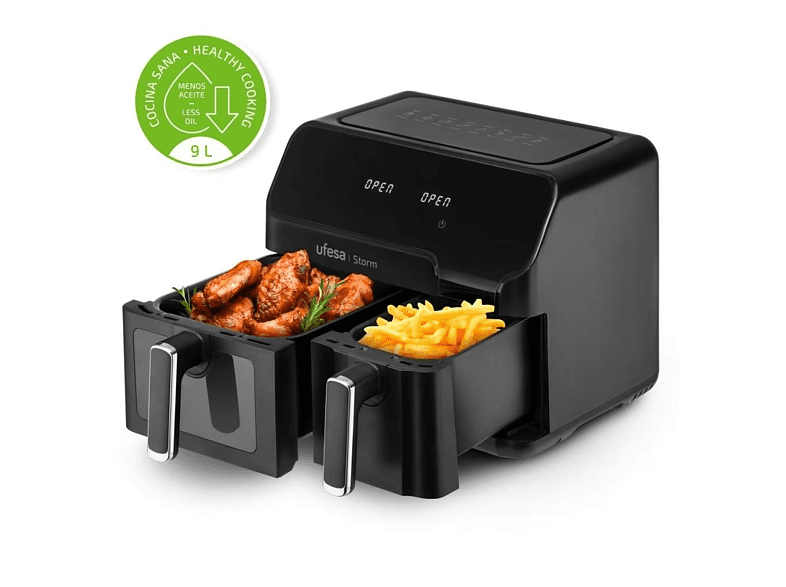 Freidora de aire - Ufesa Storm, 2700 W, Doble cubeta 5.5L + 3.5L, 8 Programas, Negro