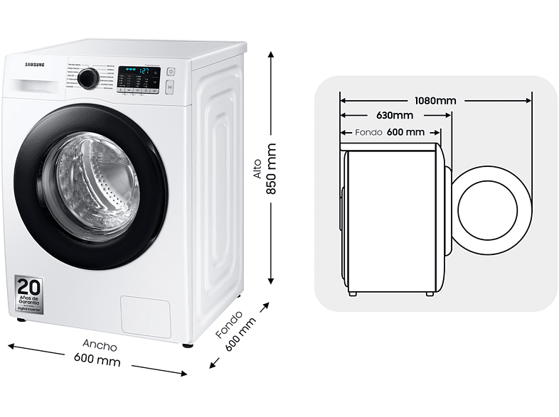 Lavadora carga frontal - Samsung BESPOKE WW11BGA046AE, 11 kg, 14 programas, 1400rpm, EcoBubble, Blanco