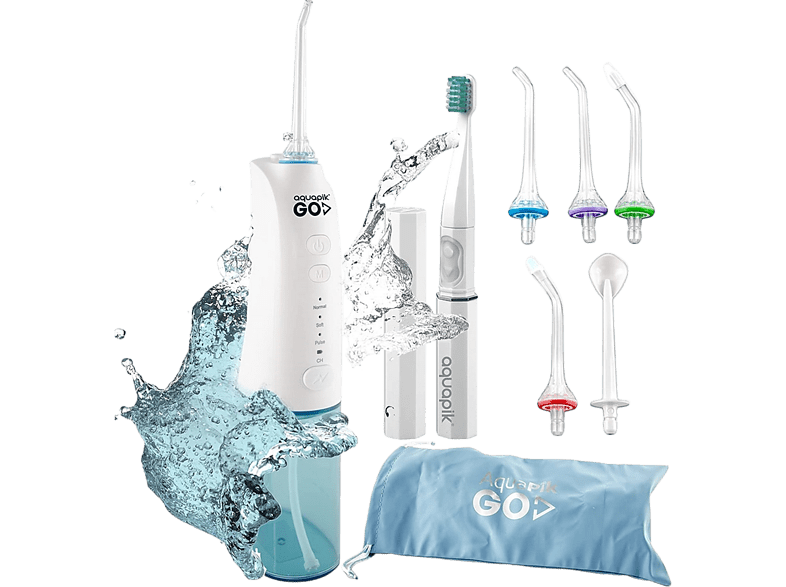 Irrigador - Aquapik GO X, 5 Boquillos, USB/AC, 1400 - 1800 Pulsaciones, 3 niveles de potencia, Blanco