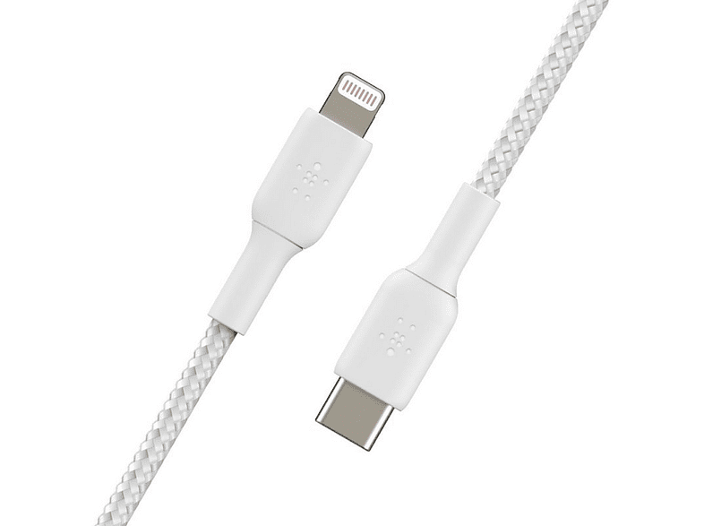 Cable USB - Belkin CAA004BT1MWH, USB-C a Lightning, Trenzado, 1 m, Blanco