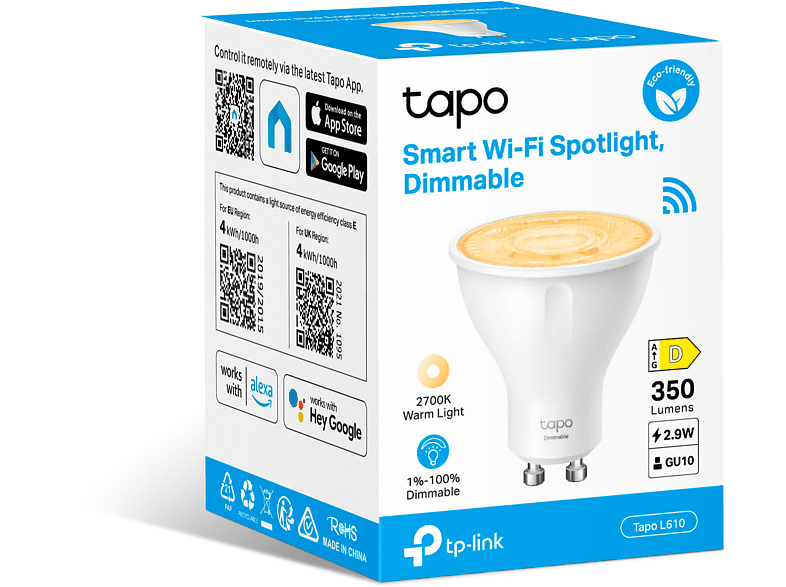 Bombilla inteligente - TP-Link Tapo L610, LED, RGB, 350 lm, Control voz, Regulable, GU10, Blanco