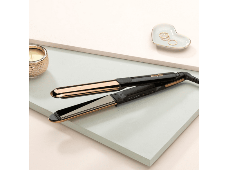 Plancha de pelo - Babyliss Straight & Curl Brilliance ST482E, 48 W, Tecnología iónica, Hasta 235°C, Negro/Rosa