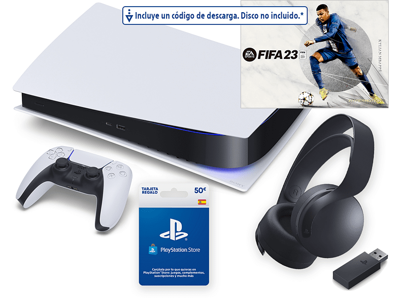 Consola - Sony PS5 Digital Edition C, 825 GB, + Auriculares Pulse 3D + FIFA 23 (código de descarga) + Tarjeta 50€ PS Store