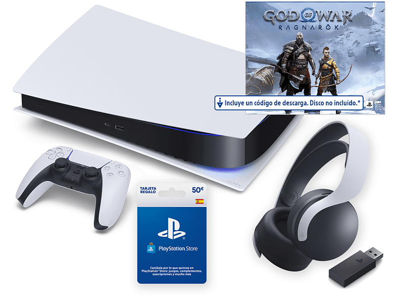 Consola - Sony PS5 Digital C, 825GB, 4K, Blanco + Auriculares gaming Pulse 3D + Juego God Of War: Ragnarok (código descarga) + Tarjeta 50€ PS Store